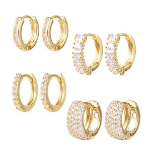 Small Gold Hoop Earrings 4 Pairs Diamond Huggie Hoop Earrings 14K Gold Plated Chunky Huggie Earrings Gold Earrings Set for Women Girls