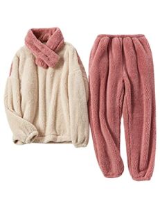 Arssm Womens Coral Fleece Pajamas Flannel Fluffy Pajamas Set Loose Plush Warm Loungewear 2 Piece Pjs Set(Brickred-S)