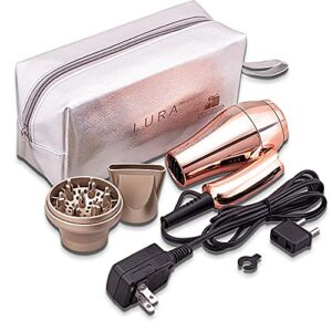 LURA Mini Portable Travel Hair Dryer:Dual Voltage Small Lightweight Blow Dryer with EU Plug,1200W Compact Hairdryer with Folding Handle ,with Concentrator&Diffuser Attachment,for Women and Men