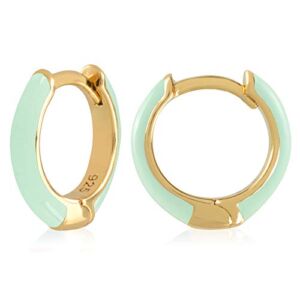 14K Gold Plated Sterling Silver Enamel Color Huggie Hoop Earrings for Women – Mint Green Enamel