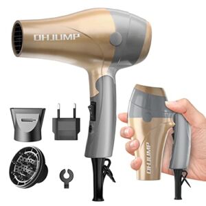 OHJUMP Mini Travel Hair Dryer Blow Dryer with Diffuser,Portable Small Dual Voltage Compact Hairdryer,EU Plug,1875W,Folding Handle,Powerful Fast Dry,Diffuser Hair Dryer( Rose Gold）