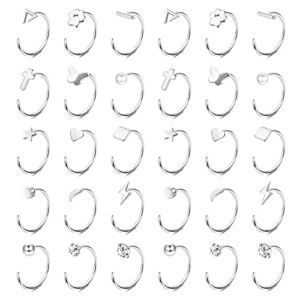 CASSIECA 15 Pairs Half Hoops Earrings Stainless Steel Small Huggie Hoop Earrings Claw, Ball, Bar, Star, Moon, Heart, Butterfly, Dot, CZ Half Hoops Cartilage Piercing Earrings Tiny Hoop Stud Earrings