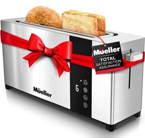 Mueller UltraToast Full Stainless Steel Toaster 2 Slice, Long Extra-Wide Slots with Removable Tray, Cancel/Defrost/Reheat Functions, 6 Browning Levels with LED Display