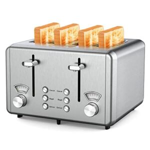 4 Slice Toaster,whall Stainless Steel Toaster 6 Bread Shade Settings,Bagel/Defrost/Cancel Function with Dual Control Panels,Extra Wide Slots,Removable Crumb Tray,for Various Bread Types 1500W