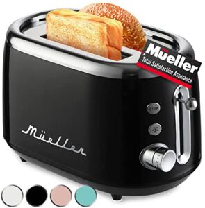 Mueller Retro Toaster 2 Slice with 7 Browning Levels and 3 Functions: Reheat, Defrost & Cancel, Stainless Steel Features, Removable Crumb Tray, Under Base Cord Storage, Black