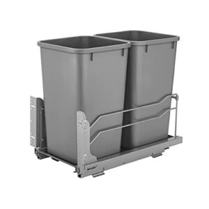 Rev-A-Shelf 53WC-1527SCDM-217 Double 27 Quart Kitchen Base Cabinet Pull Out Waste Container Kitchen Organizer Trash Can with Soft Close Slides, Metallic Silver