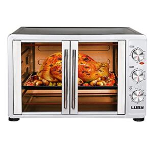 LUBY Large Toaster Oven Countertop, French Door Designed, 55L, 18 Slices, 14” pizza, 20lb Turkey, Silver