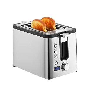 Mecity Toaster 2 Slice Stainless Steel Toaster Countdown Timer, Bagel / Defrost / Reheat / Cancel Functions,Warming Rack, Removable Crumb Tray, 6 Browning Settings, Extra Wide Long Slots, Bread Toaster, 800 Watts