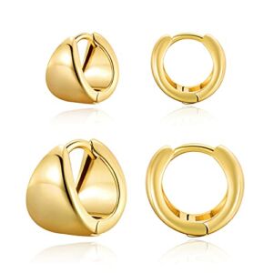 14k Gold Plated Huggie Earrings Small Chunky Hoop Earrings Set Dainty Wide Cute Simple Earrings For Women Girls,2 Size