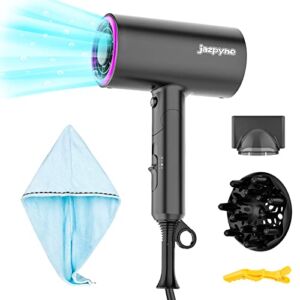 Jazpyne Ionic Hair Dryer, 1800W Foldable Hair Dryer with Diffuser, 3 Heat /Cold Settings, Added Nice Head Wrap Towel. Lightweight Blow Dryer for Home Salon and Travel. Safety Upgraded