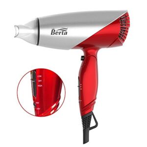 Berta 1875W Folding Hair Dryer Dual Voltage Blow Dryer Negative Ions Travel Dryer with 2 Heat 2 Speed Setting, Red