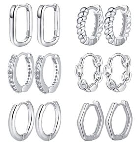TOBENY 6-9 Pairs 14K Gold Plated Small Hoop Earrings Set for Women 10mm Cubic Zirconia Huggie Hoops Earrings Hypoallergenic Cartilage Hoops (silver)
