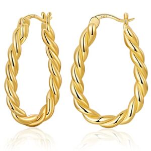 14K Gold Plated Oval Hoop Earrings for Women 925 Sterling Silver Post Twist Huggie Hoop Earrings Hypoallergenic Lightweight Hoop Earrings Jewelry Gifts