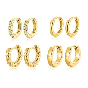 4 Pairs 14k Gold Hoop Earrings Set Twisted Glossy Zirconia Small Huggie Earrings For Multiple Piercing Cuff Cartilage Jewelry For Women Girls