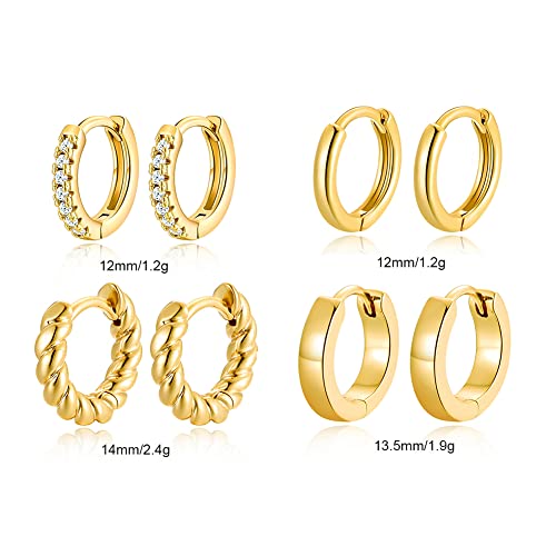 4 Pairs 14k Gold Hoop Earrings Set Twisted Glossy Zirconia Small Huggie Earrings For Multiple Piercing Cuff Cartilage Jewelry For Women Girls | The Storepaperoomates Retail Market - Fast Affordable Shopping