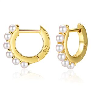 925 Sterling Silver Pearl Huggie Hoops Earrings Pearl Hoop Earrings for Women Small Pearl Hoop Earrings 14K Gold Plated Pearl Earrings for Teen Girls