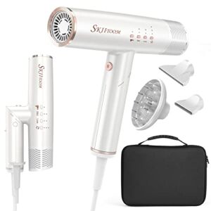 Professional Hair Dryer, 1400W Brushless Motor Ionic Hair Dryer Lightweight Foldable IQ Perfetto Blow Dryer 9 Modes One-Key Switching with1Diffuser,1Nozzle and 1Concentrator Attachments Handbag White