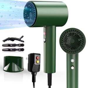 Ionic Hair Dryer, 1875W LED Smart Pro Salon Blow Dryer, Matte Metal Body Multi-Protection & Noise-Cancelling Hairdryer, Lightweight Constant Temp Negative Ions Hair Dryers, Green