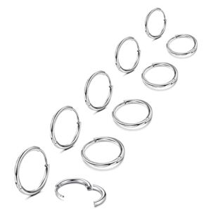 HAIAISO 5Pairs Surgical Steel Small Hoop Earrings for Women Men 1.6MM Tube Huggie Earrings Cartilage Helix Lobes Earrings Nose Rings Daith Rings Sleeper Tiny Hoop Earrings Body Piercing Jewelry(Silver)