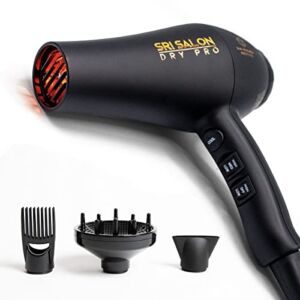 SRI Salon Dry Pro, Infrared Light Blow Dryer with Salon Results, Negative Ions for Reduced Frizz, Fast-Drying & Max Shine, 1875W, Free Attachments – Concentrator, Diffuser, & Comb