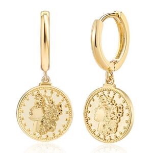 Dainty Coin Dangle Hoop Earrings for Women 14K Gold Plated Charm Huggie Earrings for Her