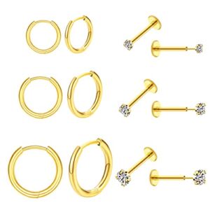 ENVYOU Small Gold Huggie Hoop Earrings Sets for Multiple Piercing, 20G Flat Back Threadless Earrings for Cartilage Helix Hypoallergenic (D: Gold 20G 8/10/12mm+CZ Studs)