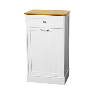 UEV Wooden Tilt Out Trash Cabinet Free Standing Kitchen Trash Can Holder or Recycling Cabinet with Hideaway Drawer, Removable Cutting Board (White)