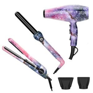 PARWIN PRO BEAUTY Hair Styling Set – 1875w Professional Hair Dryer – 1 Inch Titanium Curling Iron- 1 Inch Anti-Static Hair Straightener- Negative Ionic Technology – Pack of 3, for All Hair Types