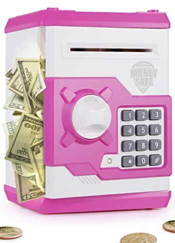 PLAYSHEEK Piggy Bank for Girls Boys Large Electronic Money Coin Banks with Password Protection, Automatic Paper Money Scroll Saving Box, Great Gift for Kids (Pink-White) | The Storepaperoomates Retail Market - Fast Affordable Shopping