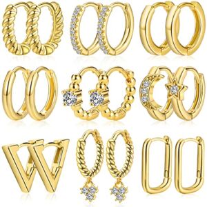 9 Pairs Gold Small Hoop Earrings for Women, Hypoallergenic Cubic Zirconia Huggie Hoops Earrings Set for Gift