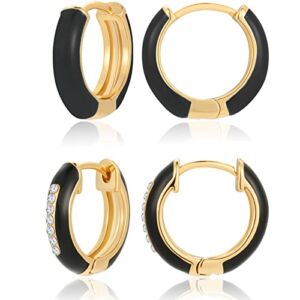 Small Hoop Enamel Earrings for Women, 18K Gold Plated Colorful Hypoallergenic Cute Cubic Zirconia Huggie Earring Gifts for Girls ( Black )