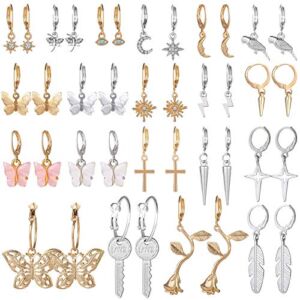 Small Hoop Earrings for Women, Funtopia 20 Pairs Mini Huggie Earrings Set with Charm, Cute Dangle Earrings for Teens Girls (Gold/Silver)