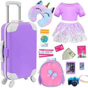 K.T. Fancy 23 pcs 18 Doll Accessories Suitcase Travel Luggage Play Set for 18 Inch Doll Travel Carrier, Sunglasses Camera Computer Phone Pad Travel Pillow Passport Tickets Cashes