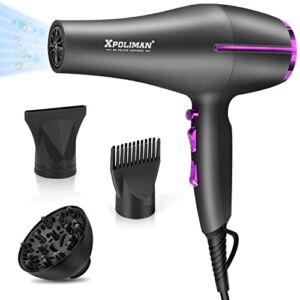 Xpoliman Negative Ionic Hair Dryer, 2000 Watt Professional Salon Hair Blow Dryers with AC Motor, Quick Drying & Low Noise, Comb Diffuser for Curly Hair, for Women Men -Grey