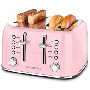 REDMOND Toaster 4 Slice, Retro Stainless Steel Toaster with Extra Wide Slots Bagel, Defrost, Reheat Function, Dual Independent Control Panel, Removable Crumb Tray, 6 Shade Settings and High Lift Lever, Pink, New Version