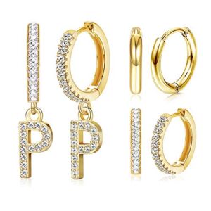 Finrezio 3 Pairs Initial Dangle Hoop Earrings for Women Cubic Zirconia Letter Huggie Earrings Alphabet Letter P