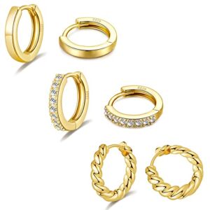 3 Pairs Gold Hoop Earrings Set for Women 14K Gold Plated Huggie Hoop Earrings Hypoallergenic Lightweight Mini Hoop Earrings with Cubic Zirconia Small Gold Hoops for Girls