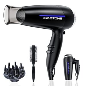 AIR-STONE Ionic Hair Dryer 1875W Professional Salon Negative Ions Hair Blow Dryer with Diffuser and Concentrator for Curly Hair, Travel Hair Dryer with Folding Handle (Black)