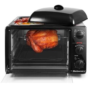 Elite Gourmet ERO-2008S Elite Cuisine 6-Slice Toaster Oven with Rotisserie and Grill/Griddle Top Black 23L capacity fits a 12” pizza, 6-Slice