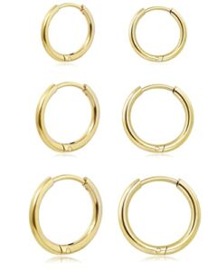 Dainty 3 Pairs Earrings Sets for Multiple Piercing, Lightweight 14K Gold Plated Small Huggie Hoop Earrings for Cartilage, Helix, Lobe, Hypoallergenic (14K Gold Plated- 6/8/10mm Hoop Earrings)