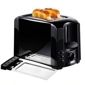 KETIAN Toaster 2 Slice Small Compact Electric Bread Black Tosterster，6 Toast Settings, Cancel, Reheat, Defrost Functions, Removable Crumb Tray, 800W(Black）