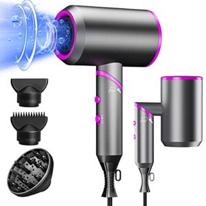 Ionic Hair Dryer, 1800w Professional Folding Blow Dryer with Diffuser (Powerful DC Motor), Negative Ion Technolog, 3 Heating/2 Speed/Cold Settings Constant Temperature Hair Care Without Damaging Hair