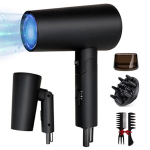 MOEMOE BABY Hair Dryer 1800W Blow Dryer, Foldable Hair Dryer with Diffuser, Nozzles and 2 Brushes, Portable Ionic Hair Dryer, Negative Ion Blow Dryer for Home & Travel Use