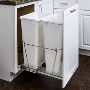 Hardware Resources Double 50-Quart Trash Bin Pullout System – Easy-to-Mount Cabinet Garbage Can Kit – Smooth Sliding, Ball-Bearing Rails – 2 White Waste Baskets, 26 Gallon Capacity – Polished Chrome