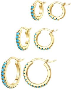 Wowshow Small Gold Hoop Earrings Set with 925 Sterling Silver Post Huggie Earrings Turquoise Cubic Zirconia Earrings 14K Gold Plated for Women Girls
