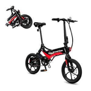 Swagtron Swagcycle EB-7 Elite Folding Electric Bike with Removable Battery and Rear Suspension, Red/Black, 16″ Wheels
