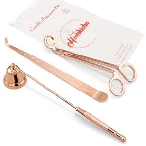 HOMKICHN Candle Accessory Set – Candle Wick Trimmer, Candle Snuffer, Wick Dipper, 3-in-1 Stainless Steel Candle Care Kit with Zip Lock Bag for Candle Lover – Rose Gold
