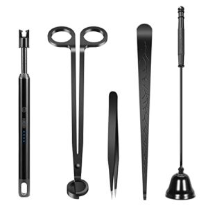 Roreyou Candle Accessory Set, Candle Wick Trimmer Cutter, Candle Wick Snuffer, Candle Wick Dipper, Electric Candle Lighter Rechargeable, Tweezers, 5 in 1 Candle Care Kit for Candle Lover (Black)
