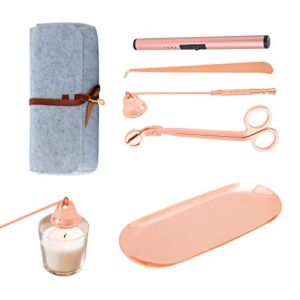 5 in 1 Candle Accessory Set, Candle Wick Trimmer Cutter, Candle Snuffer Extinguisher, Wick Dipper, Electric Candle Lighter with Gift Package for Candle Lovers, Party, Stainless Steel (Rose Gold)