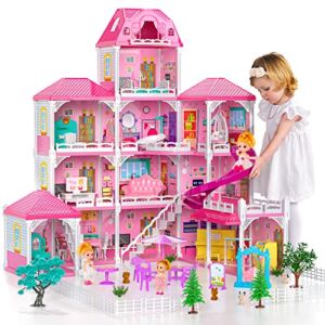 TEMI Doll House Dreamhouse for Girls – 4-Story 12 Rooms Playhouse with 2 Dolls Toy Figures, Fully Furnished Fashion Dollhouse, Pretend Play House with Accessories, Gift Toy for Kids Ages 3 4 5 6 7 8+